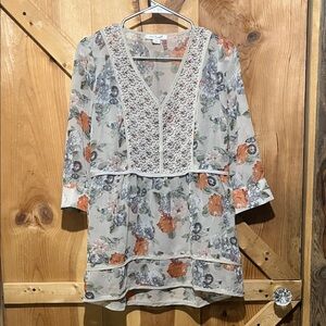 Simply Noelle Floral V-Neck Blouse - Orange and Gray